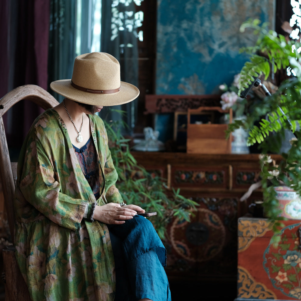 100% Linen Chinese Women Blouse with Vintage Print, linen women open Shirt Jacket 250410s 2193