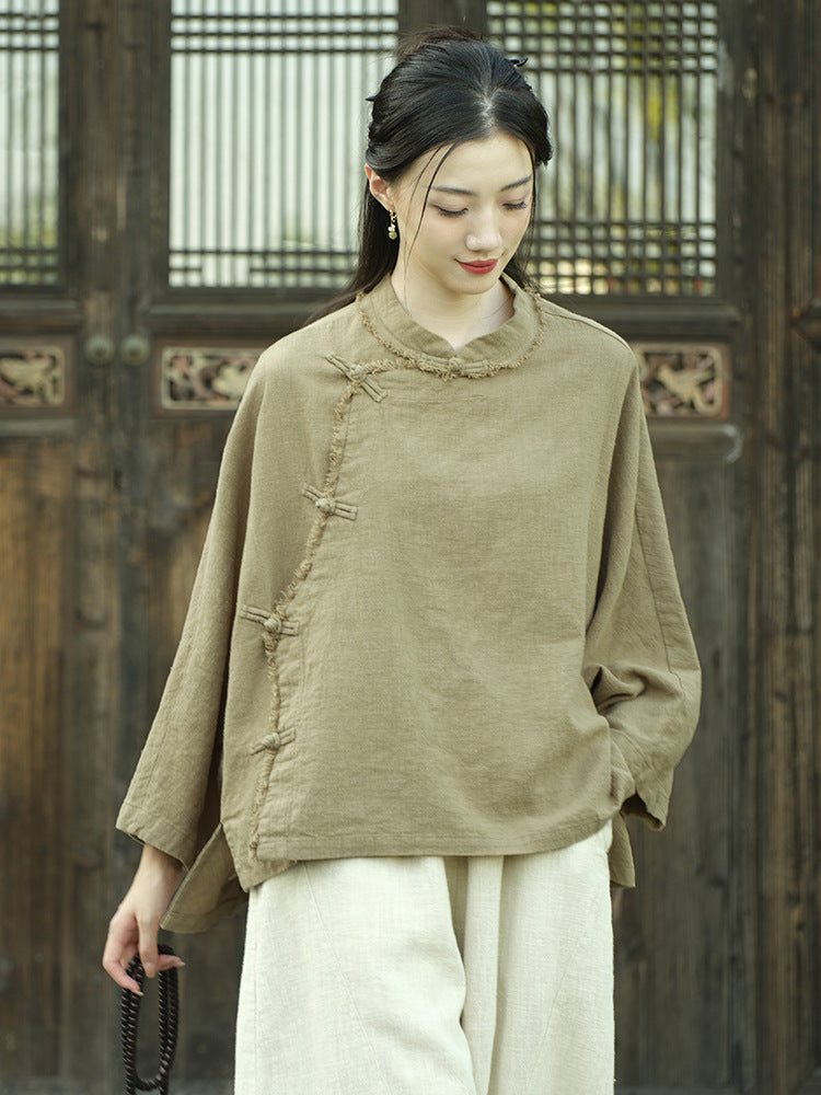 Ramie Linen Women Hanfu Shirt with Chinese Traditional Buttons and Raw Hem 250813s