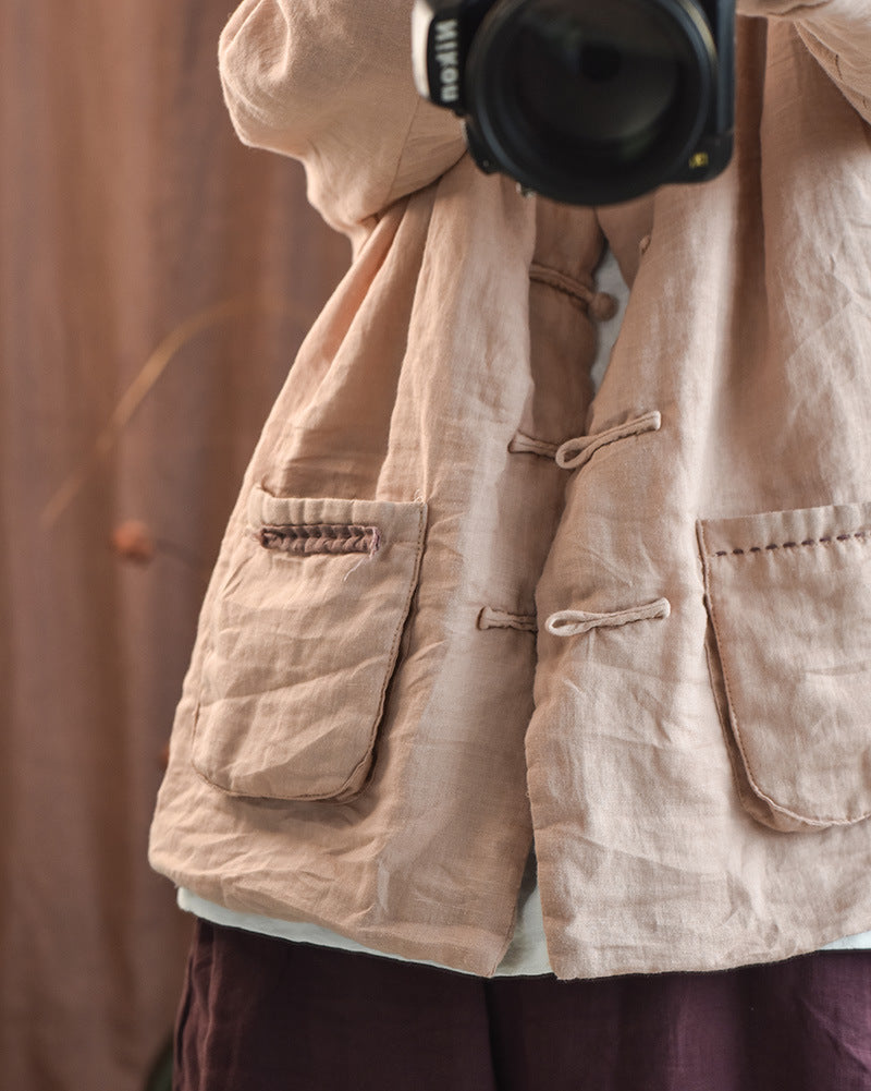 100% Linen Autumn Winter Women Quilted Jacket with Handsewing Details in Hanfu Style 250902a