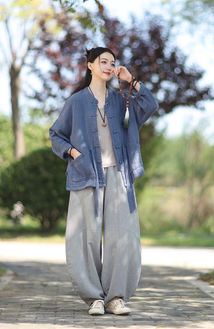 100% Cotton Women Hanfu Shirt with Chinese Traditional Buttons & Pockets 251016w