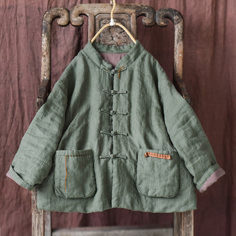 100% Linen Autumn Winter Women Quilted Jacket with Handsewing Details in Hanfu Style 250902a