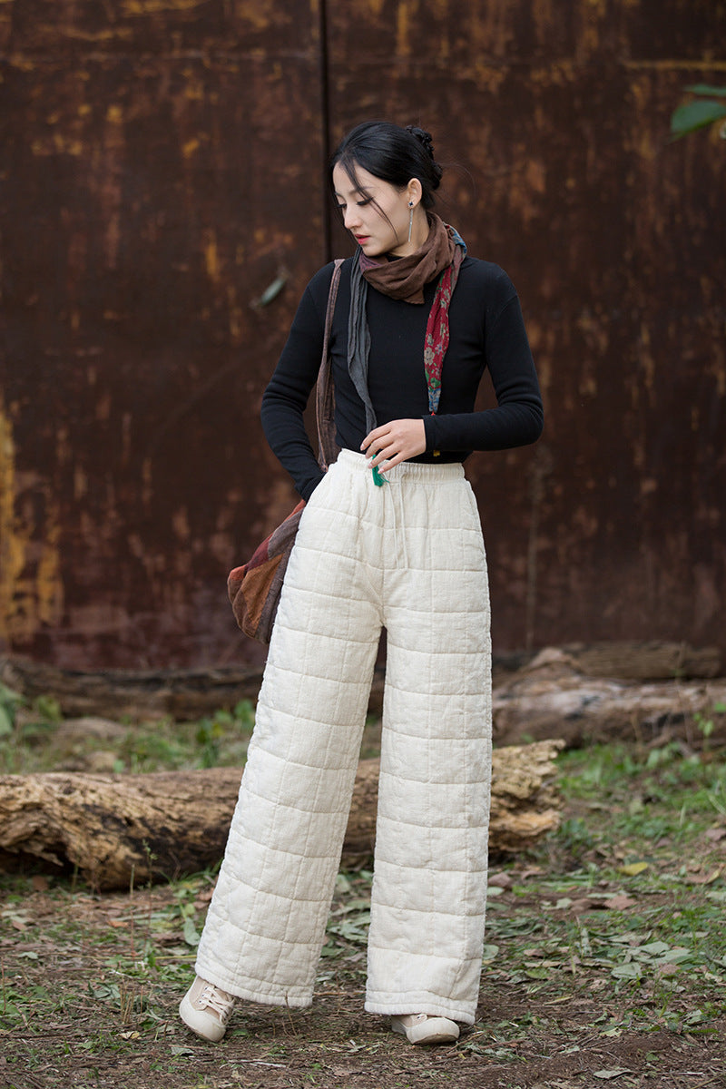 Ramie Linen Cotton Quilted Thick Pants with Pockets & Front Ties, winter women pants 251105w
