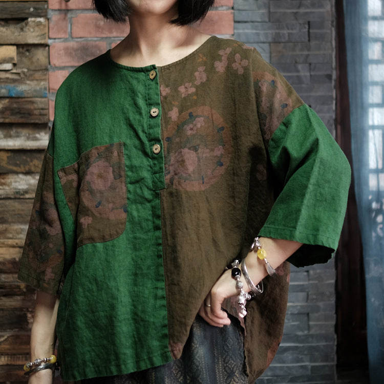 100% Linen Women Blouse with Patchwork Design, casual women linen blouse 241704s