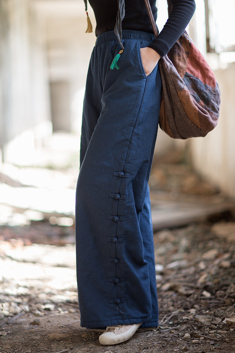 Ramie Linen Cotton Quilted Thick Pants with Pockets & Frog Buttons Design, winter women pants 251102w