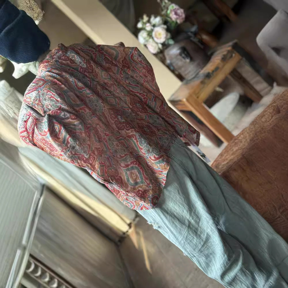 100% Linen Women Loose Blouse with Vintage Print and Long Sleeves, Linen women blouse 250319s 2173