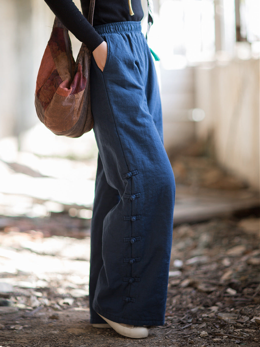 Ramie Linen Cotton Quilted Thick Pants with Pockets & Frog Buttons Design, winter women pants 251102w