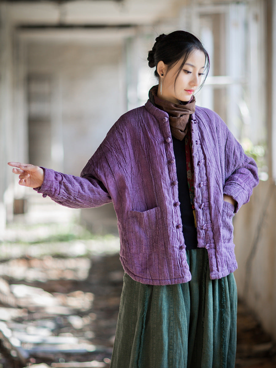 Ramie Linen Cotton Women Quilted Jacket with Pockets & Frog Buttons in Hanfu Style, Chinese style Hanfu 251109w
