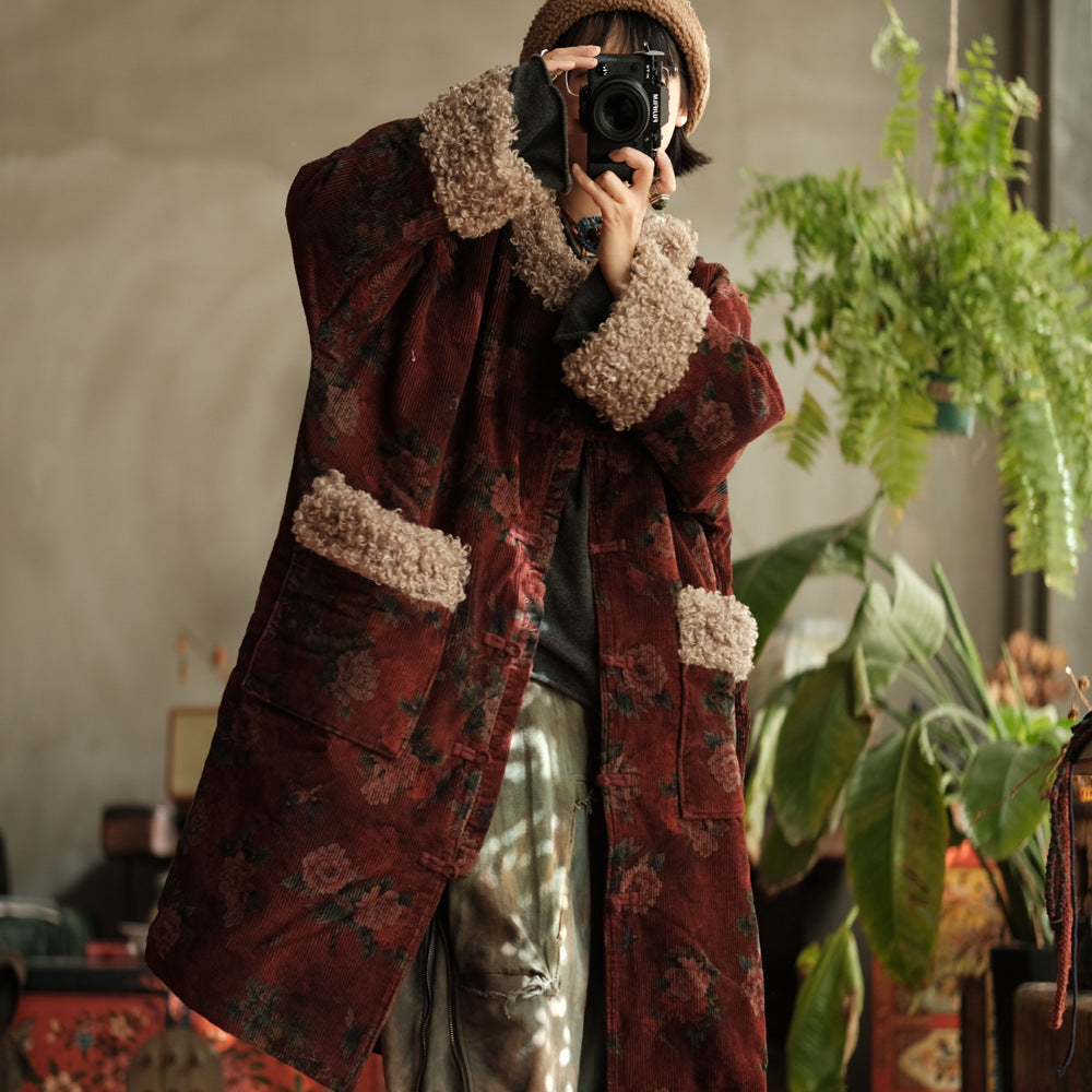 Winter Thick Cord Women Quilted Jacket with Vintage Print in Hanfu Style 250201w