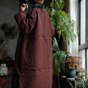 100% Linen Cotton Women Quilted Chinese Coat with Vintage Print 230501w