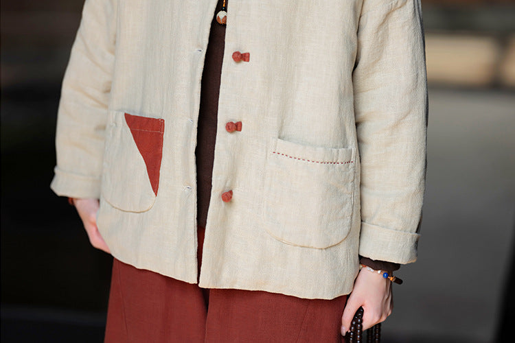Ramie Linen Cotton Women Quilted Jacket with Pockets & Color-block Buttons in Hanfu Style, Chinese style Hanfu  251123w