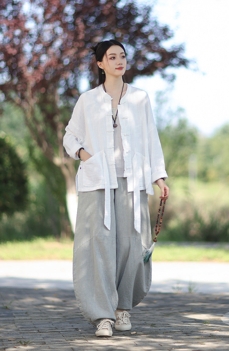 100% Cotton Women Hanfu Shirt with Chinese Traditional Buttons & Pockets 251016w