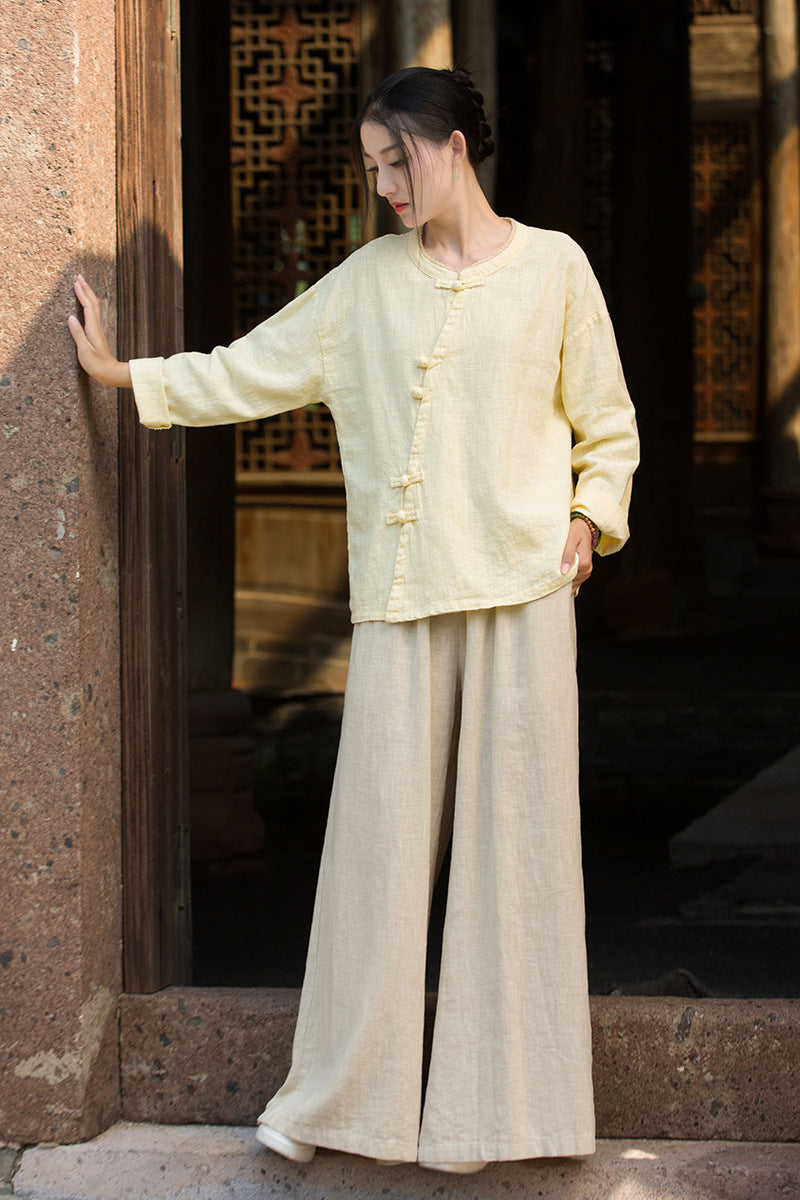 Ramie Linen Women Shirt in Hanfu Style with Diagonal Closure and Frog Buttons 250921a