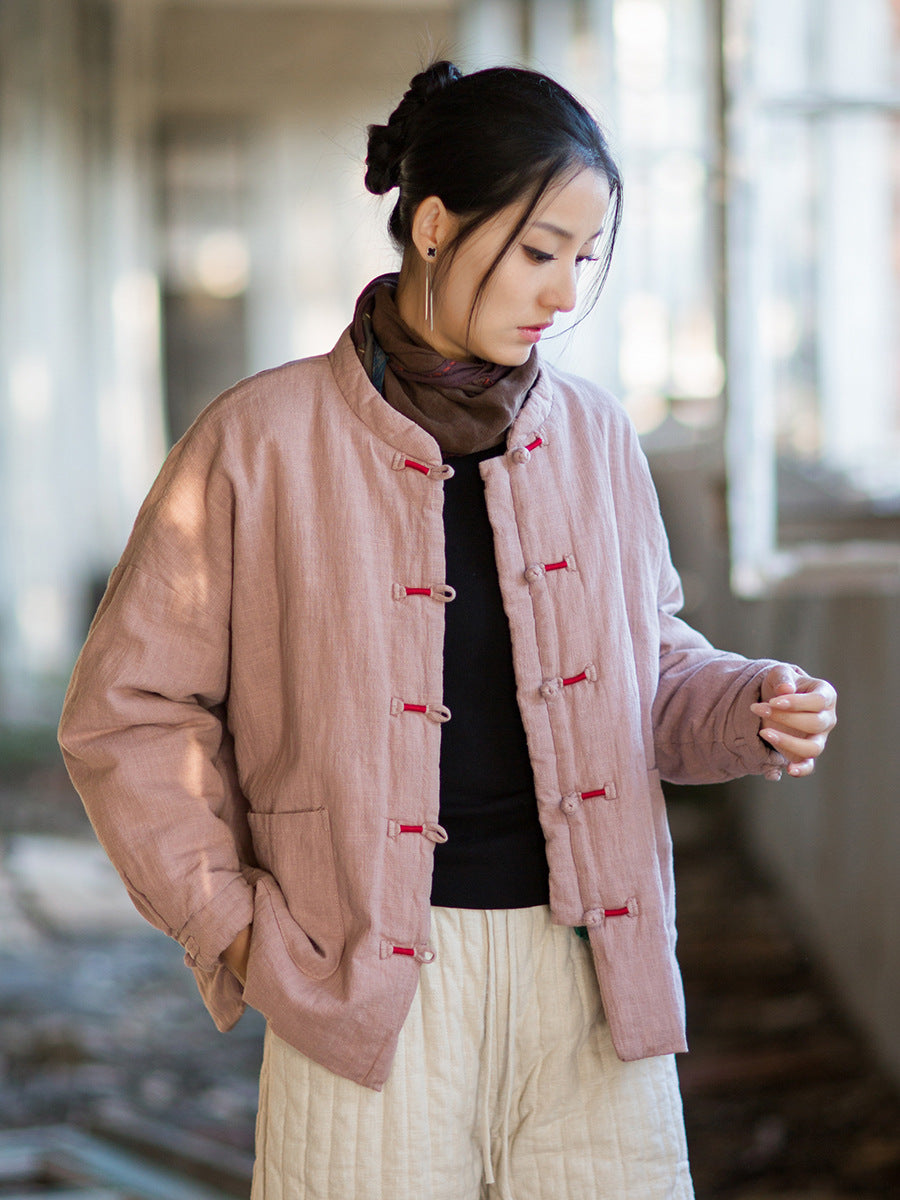 Ramie Cotton Women Quilted Jacket with Pockets & Frog Buttons in Hanfu Style, Chinese style Hanfu 251110w