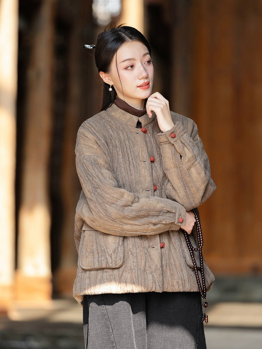 Ramie Linen Cotton Women Quilted Jacket with Pockets & Color-block Buttons in Hanfu Style, Chinese style Hanfu 251120w
