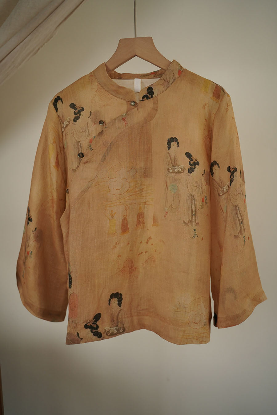 100% Ramie Linen Vintage Chinese Women Shirt with Chinese Traditional Buttons and Vintage Print 240205s