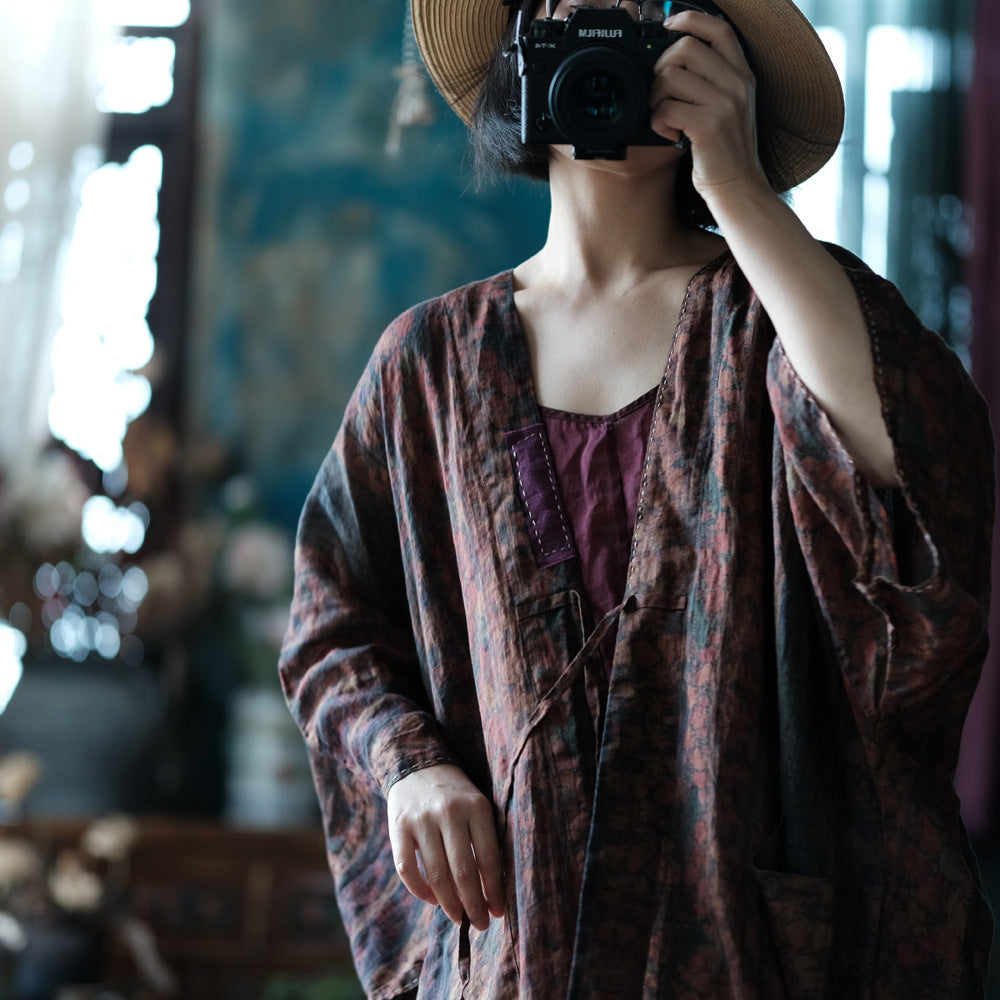100% Ramie Linen Women Long Blouse with Patchwork Details and Vintage Print, linen women Shirt Jacket 250412s 2185