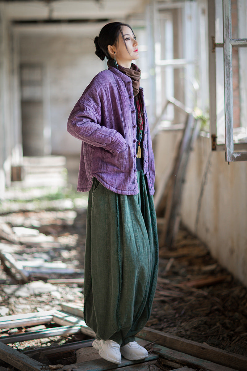 Ramie Linen Cotton Women Quilted Jacket with Pockets & Frog Buttons in Hanfu Style, Chinese style Hanfu 251109w