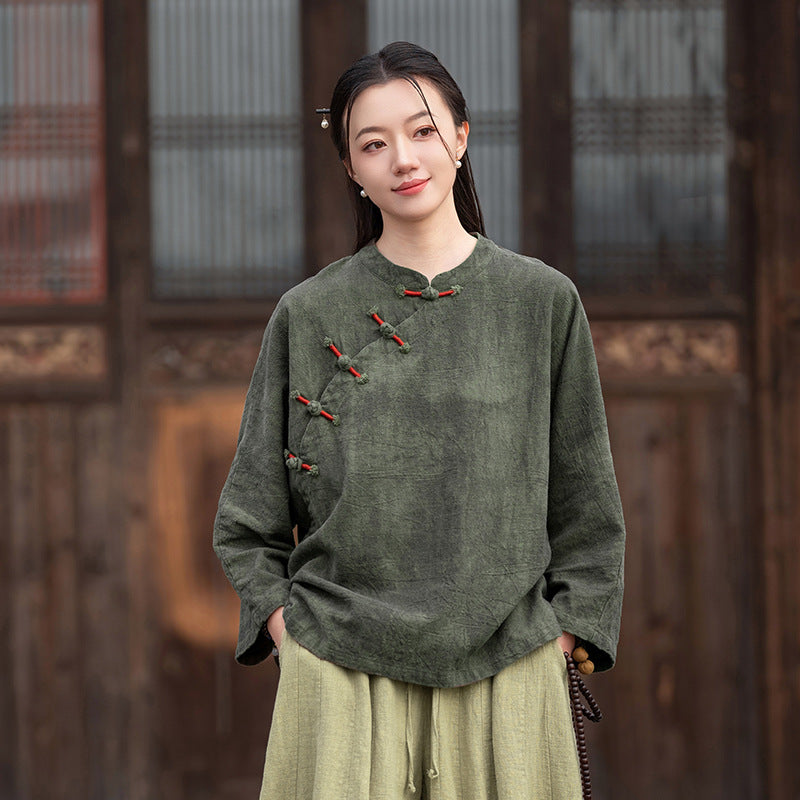 Ramie Linen Women Hanfu Pullover with Color-Block Traditional Buttons 250811s