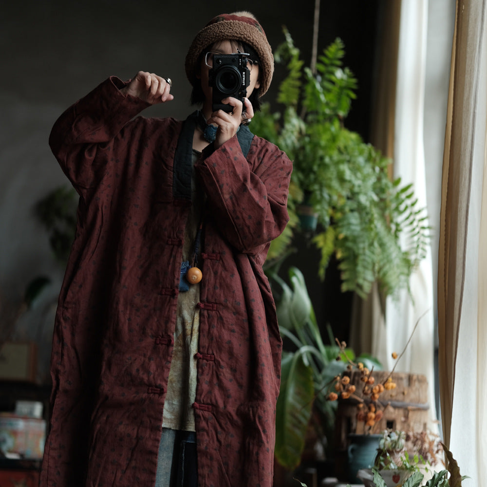 100% Linen Cotton Women Quilted Chinese Coat with Vintage Print 230501w