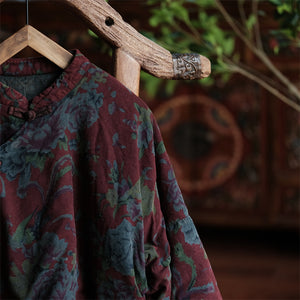 100 Percent Linen Cotton Women Quilted Chinese Jacket with Traditional Buttons and Vintage Print 240809s