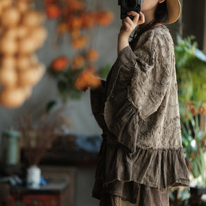 100% Cotton 3D Embroidered Ruffle Sleeve Blouse with Traditional Buttons 250402s 2365
