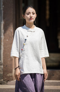 Linen Cotton Women Blouse with Handwoven Buckle Button, chinese style women blouse linen liziqi, Taichi jacket, Tang suit  240721s