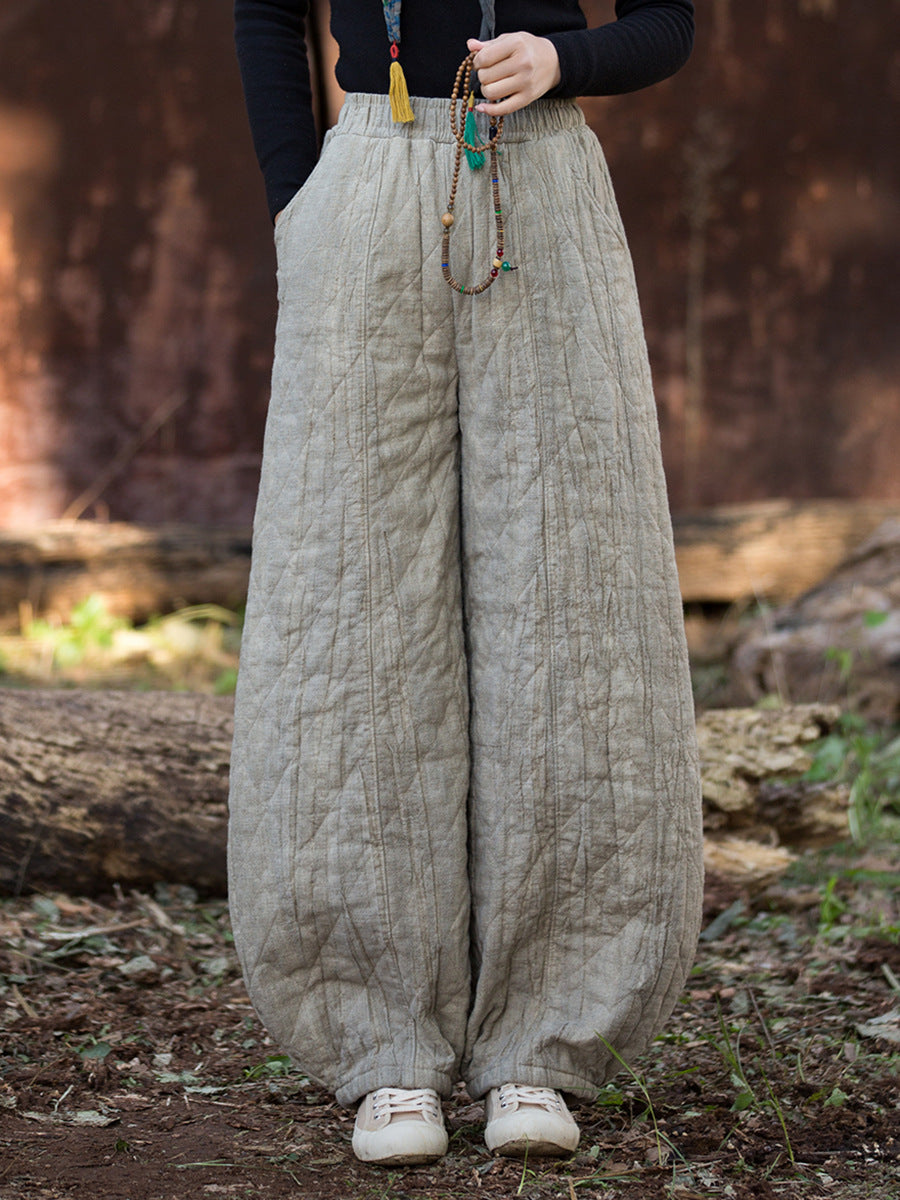 Ramie Linen Cotton Quilted Thick Pants with Pockets, winter women padded pants  251106w