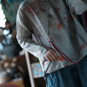 100% Linen Women Jacket with Floral Print, women linen shirt blouse 240007s