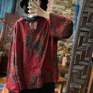 100% High Quality Cotton Women Blouse with Hood and Vintage Print 231041w