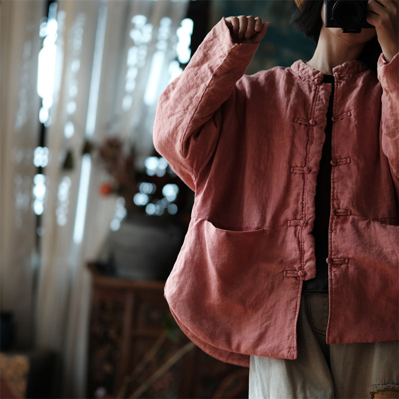 Linen Cotton Women Quilted Chinese Jacket with Pockets and Traditional Buttons 251112w 2127