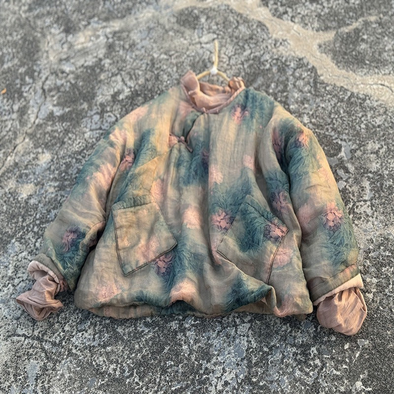 100% Ramie Linen Winter Women Quilted Pullover with Floral Print, Chinese style Hanfu  250904a 4386