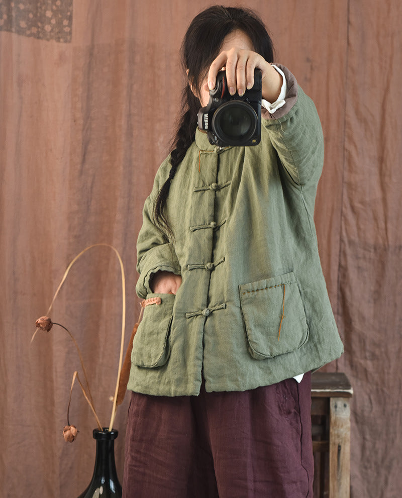 100% Linen Autumn Winter Women Quilted Jacket with Handsewing Details in Hanfu Style 250902a