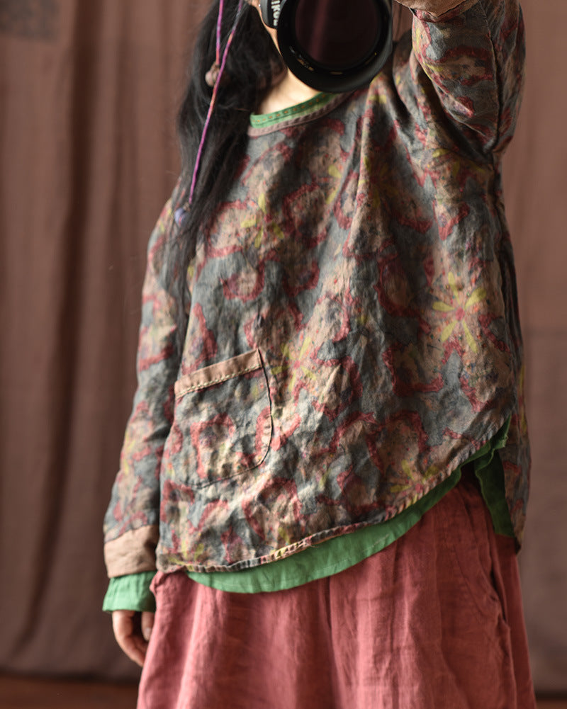 100% Linen Asymmetrical Women Shirt with High-low Hem & Vintage Print 250712s