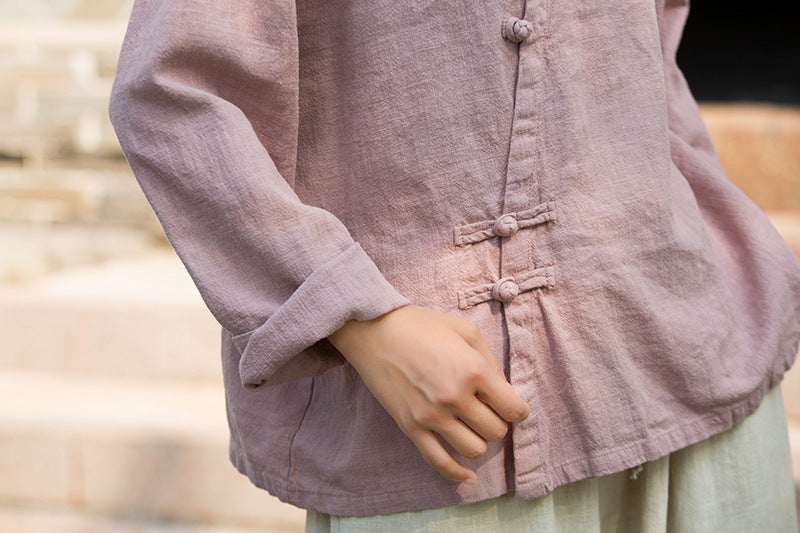 Ramie Linen Women Shirt in Hanfu Style with Diagonal Closure and Frog Buttons 250921a