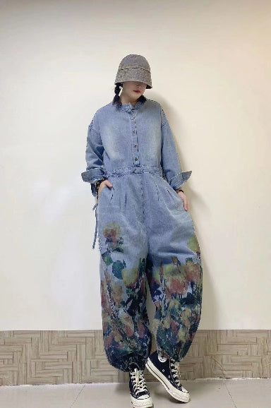 Women Oil Painting Vintage Style Jeans Overall Jumpsuit with Pockets, Women Cotton Overall Jumpsuit 239904k