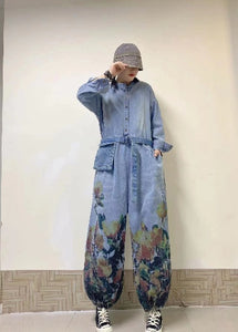 Women Oil Painting Vintage Style Jeans Overall Jumpsuit with Pockets, Women Cotton Overall Jumpsuit 239904k