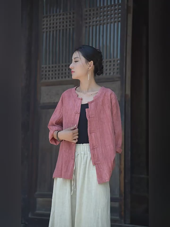 Linen Cotton Women Blouse with Traditional Buckle Button, chinese style women blouse linen liziqi, Taichi jacket, Tang suit 240720s