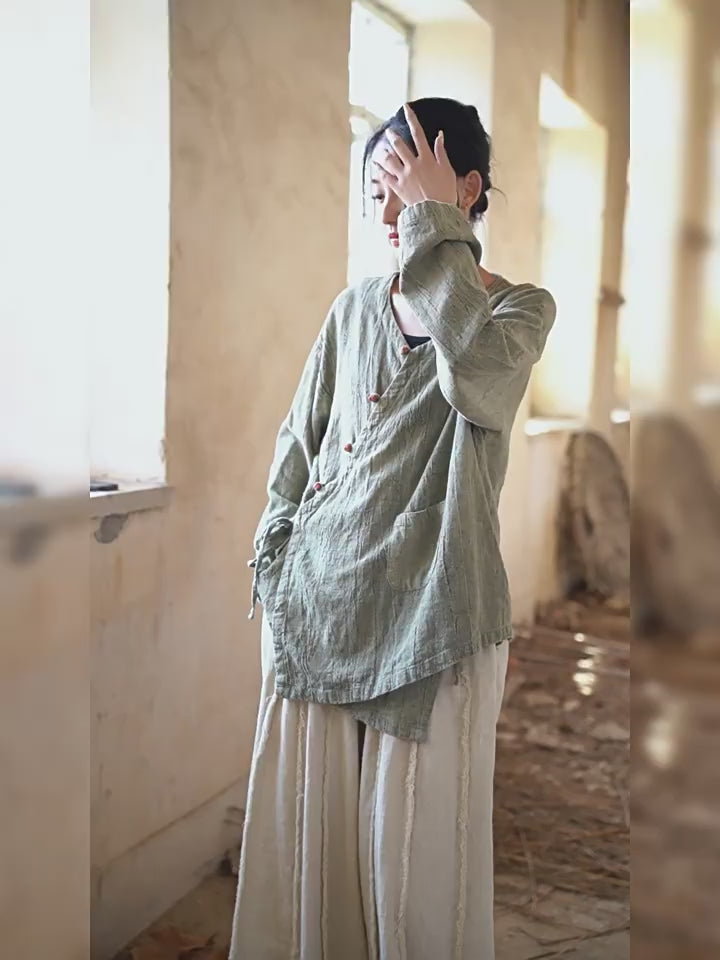 Linen Cotton Women Blouse with Handwoven Buckle Button, chinese style women blouse linen liziqi, Taichi jacket, Tang suit 240606s