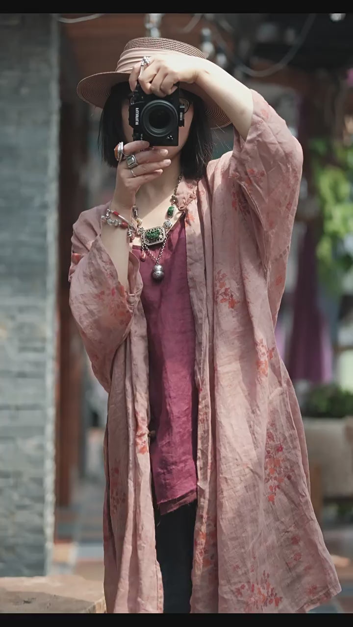 100% Linen Vintage Chinese Women Long Jacket with Floral Print and Traditional Buttons 242204s