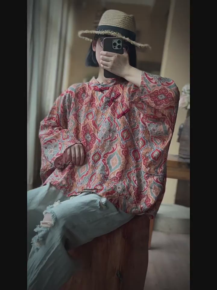 100% Linen Women Loose Blouse with Vintage Print and Long Sleeves, Linen women blouse 250319s 2173