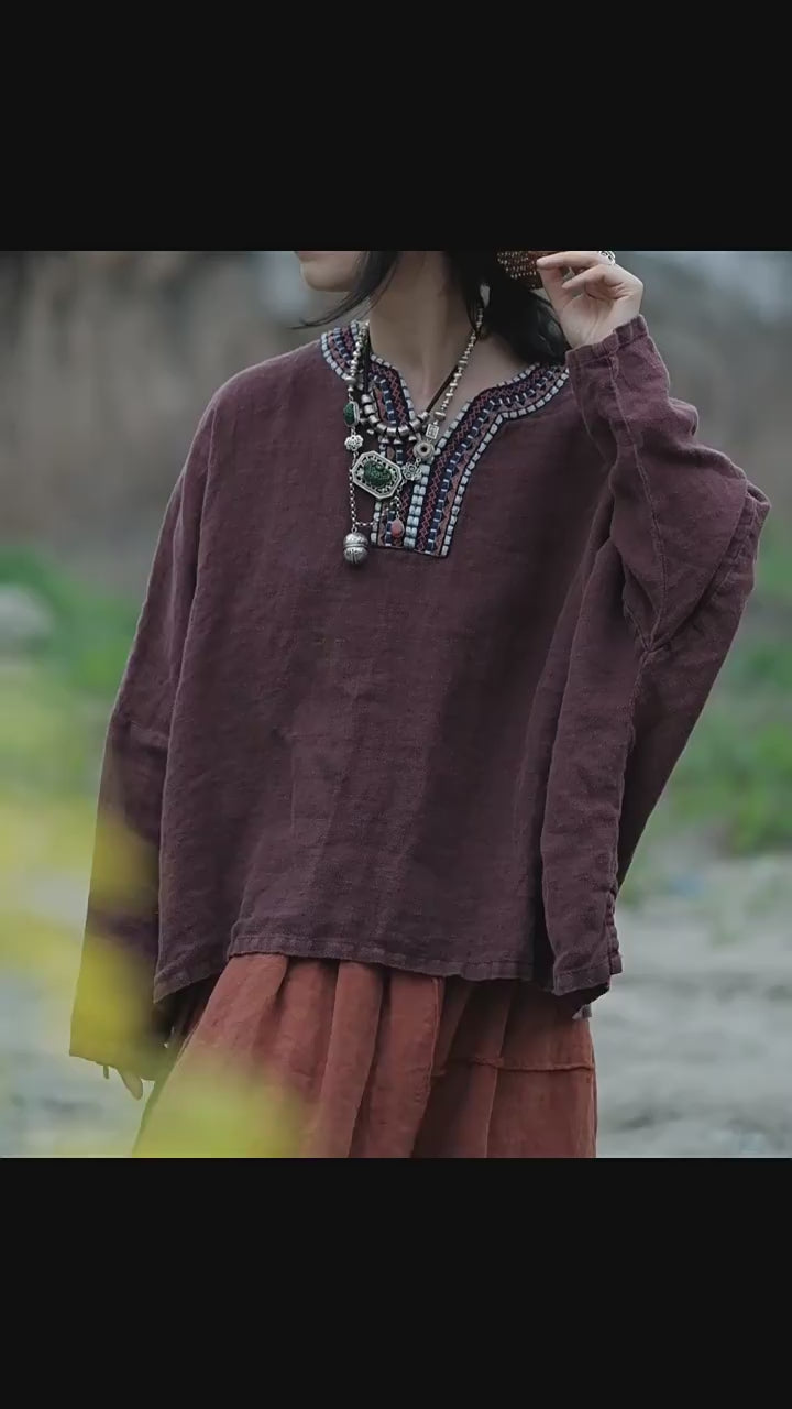 100% Linen Vintage Chinese Women Oversize Pullover with Handmade Embroidery 240403s