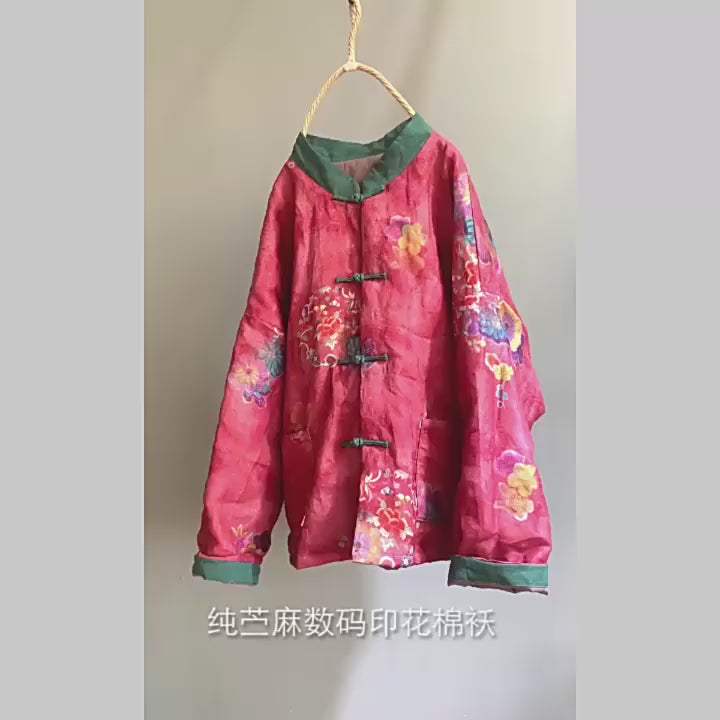 Linen Cotton Women Quilted Chinese Jacket with Vintage Print and Pockets 231913