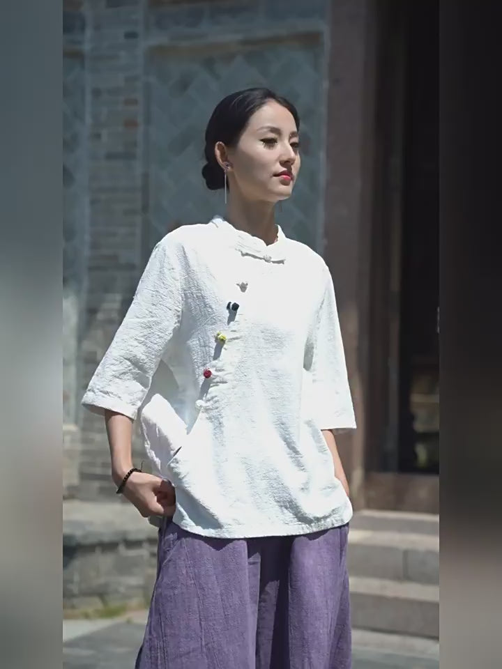 Linen Cotton Women Blouse with Handwoven Buckle Button, chinese style women blouse linen liziqi, Taichi jacket, Tang suit  240721s