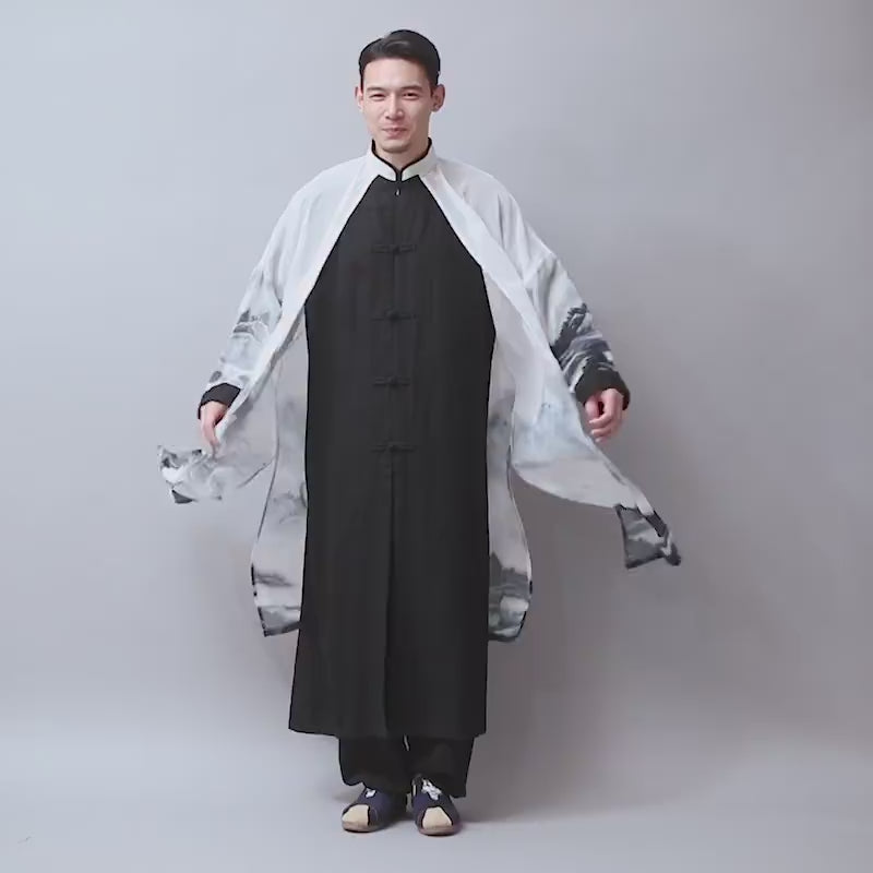 2 in 1 Retro Chinese Men Hanfu Robe with Traditional Buttons and Chiffon Cloak 240713s