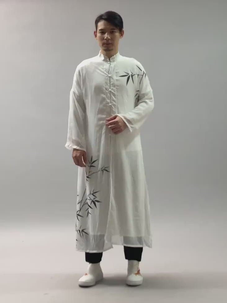 Retro Chinese Men Hanfu Robe with Traditional Buttons and Bamboo Print 240716s