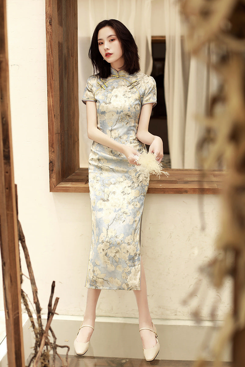 Daily Floral Print Cheongsam Maxi Dress with Short Sleeves HQ0758