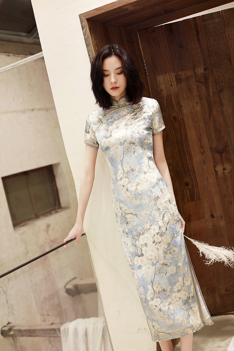 Daily Floral Print Cheongsam Maxi Dress with Short Sleeves HQ0758