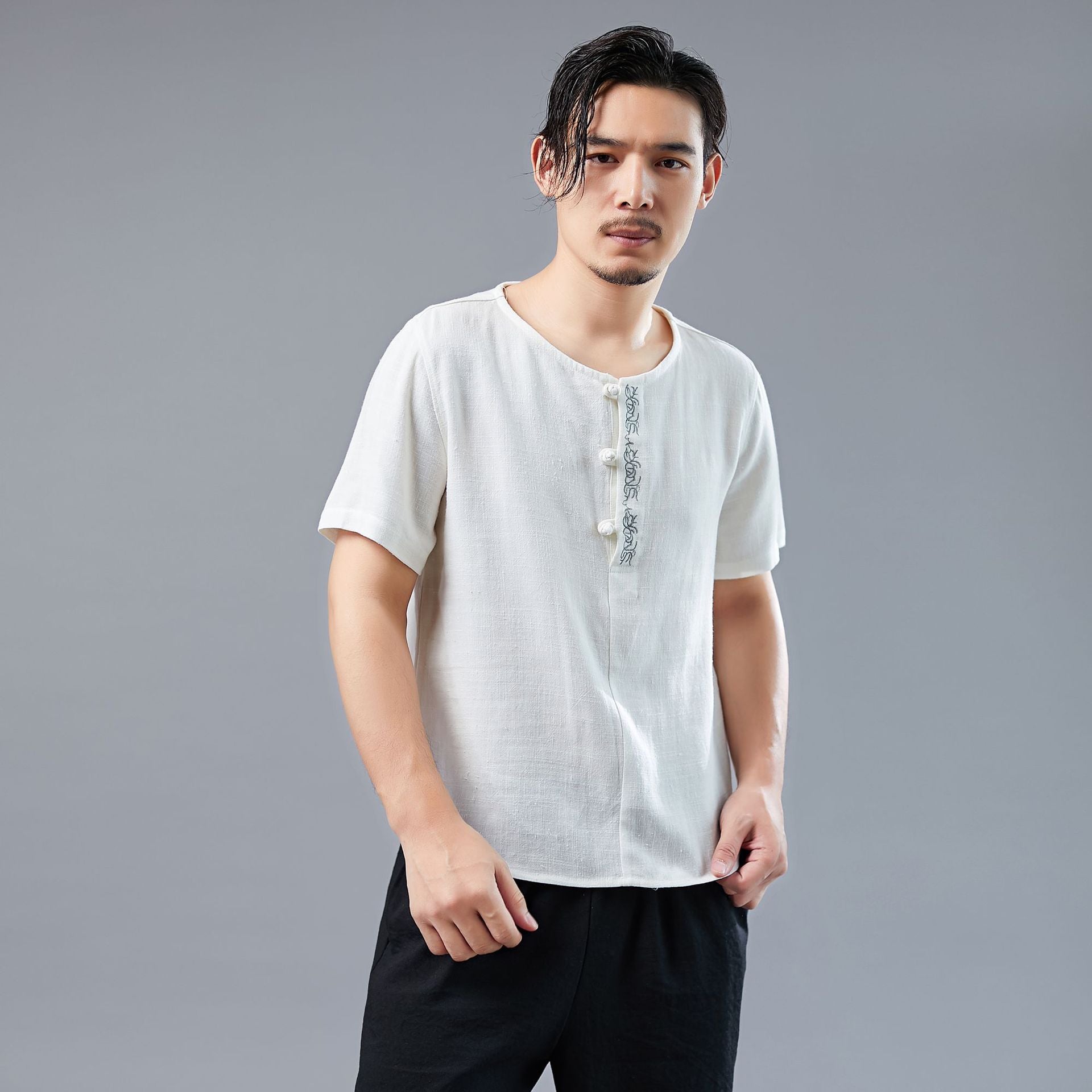 Herren T-Shirt aus Baumwolle und Leinen im Hanfu-Stil 070621f