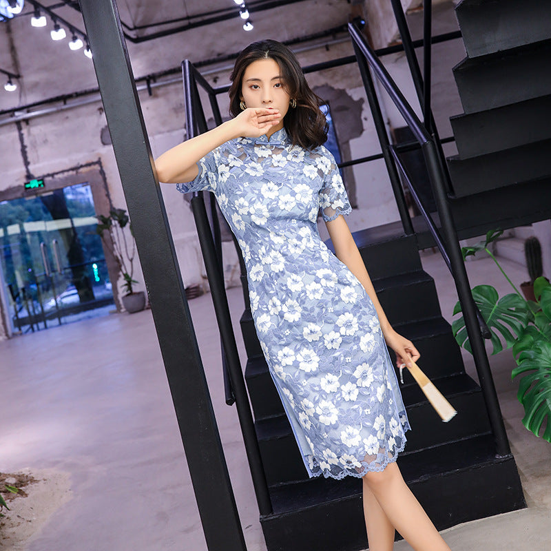 Lace Daily Cheongsam Midi Dress with Short Sleeves HQ2571
