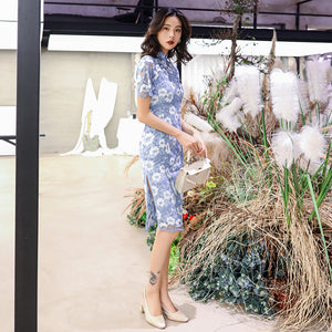 Lace Daily Cheongsam Midi Dress with Short Sleeves HQ2571